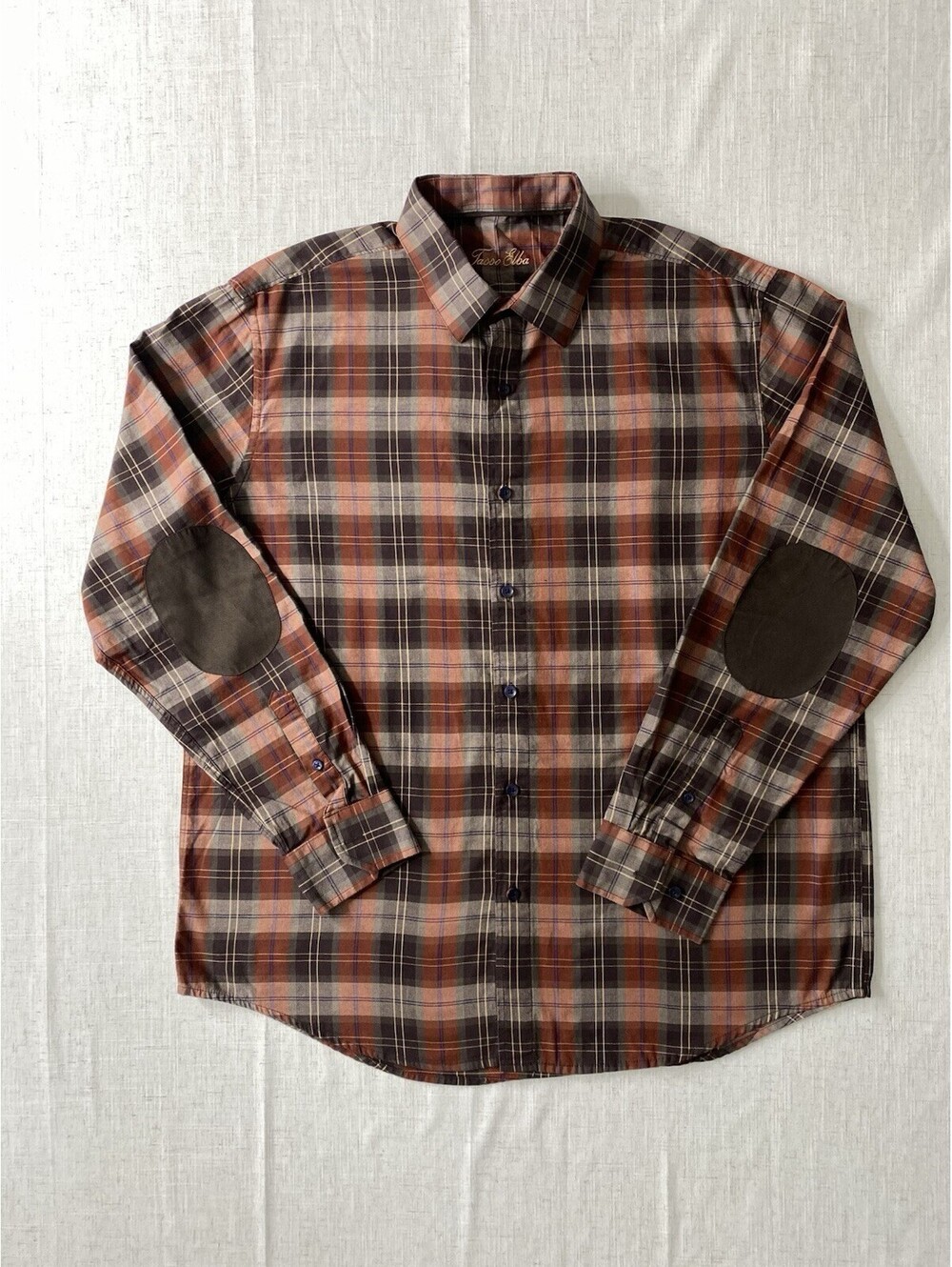 TASSO ELBA Mens L 16-16.5 Plaid Button Up Shirt Suede Elbow Patches Cotton Brown